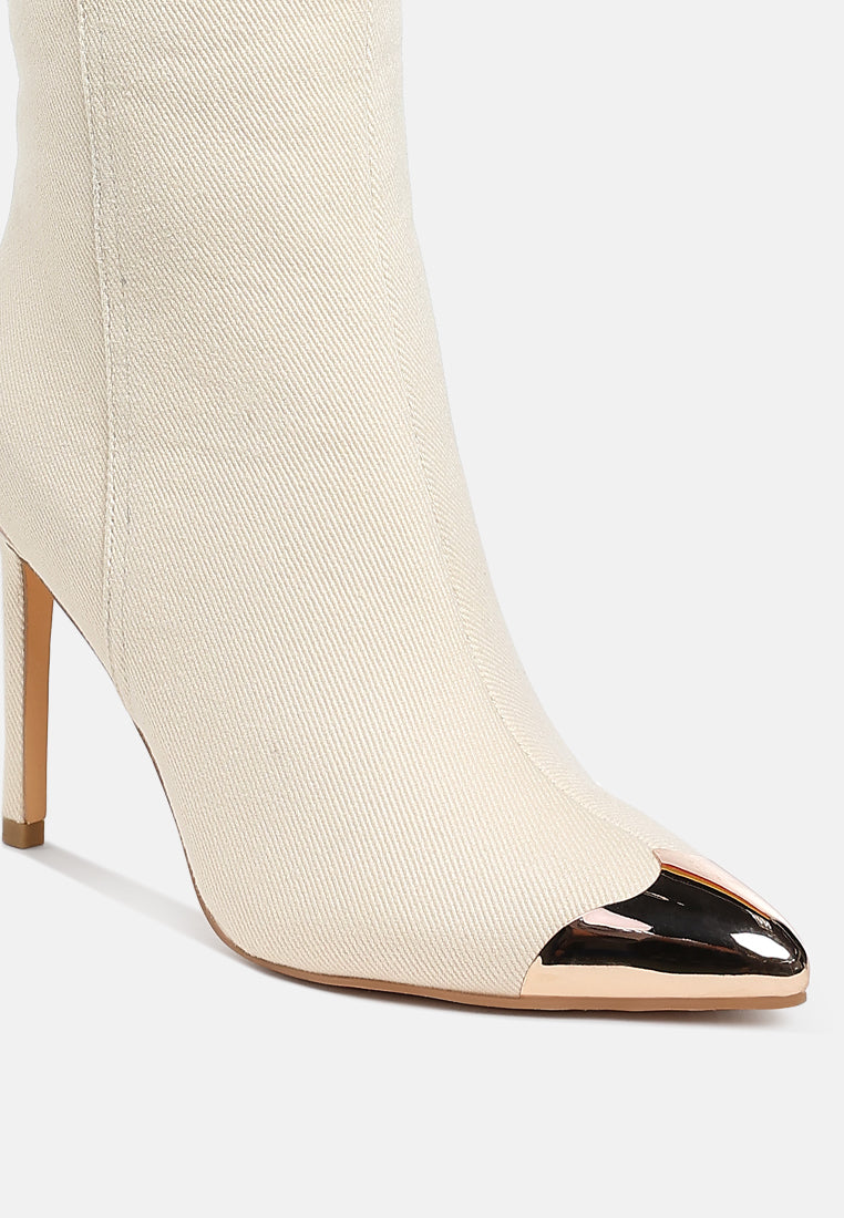 women metallic cap toe denim boots#color_beige