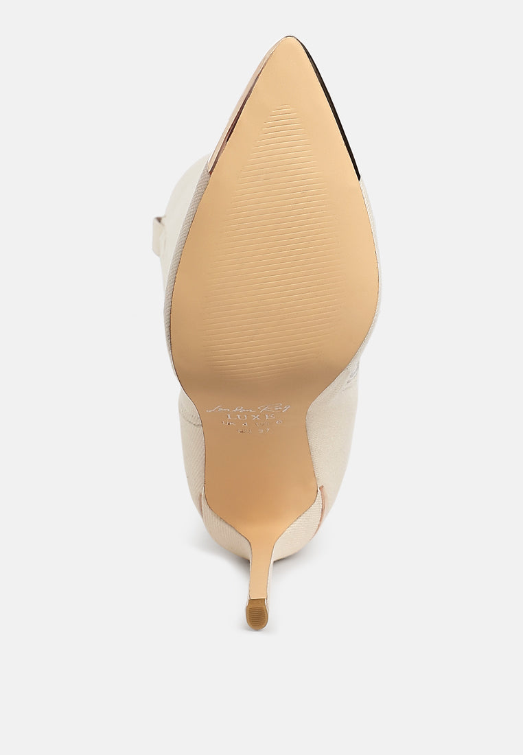 women metallic cap toe denim boots#color_beige