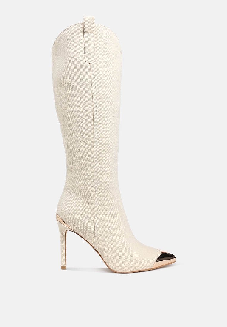 women metallic cap toe denim boots#color_beige
