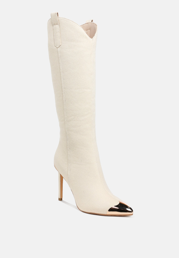 women metallic cap toe denim boots#color_beige