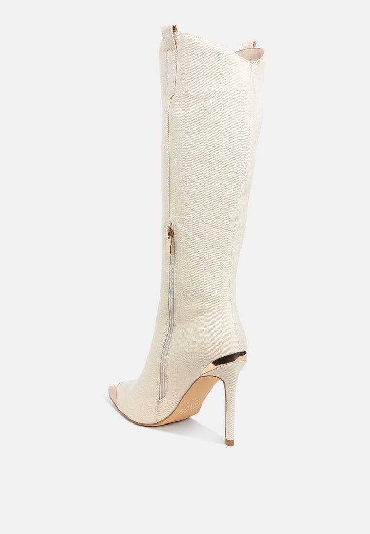 women metallic cap toe denim boots#color_beige