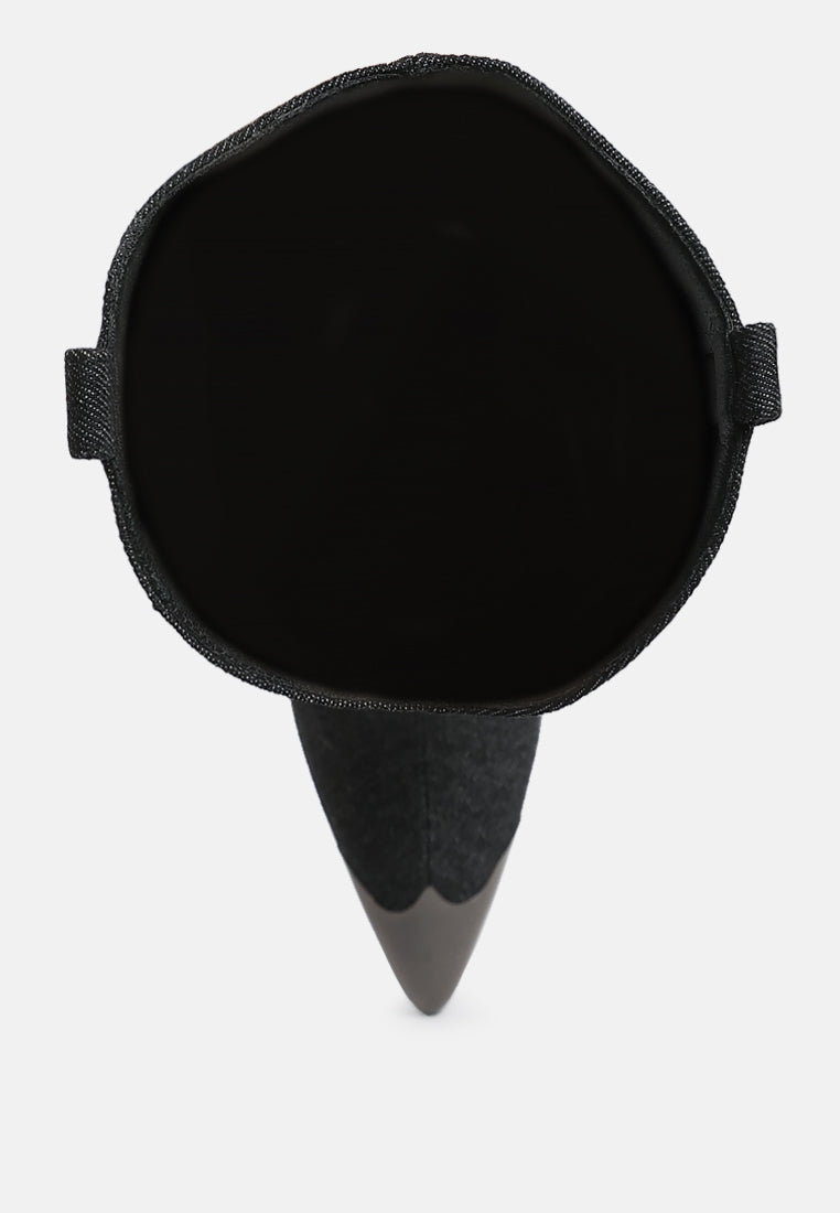 women metallic cap toe denim boots#color_black