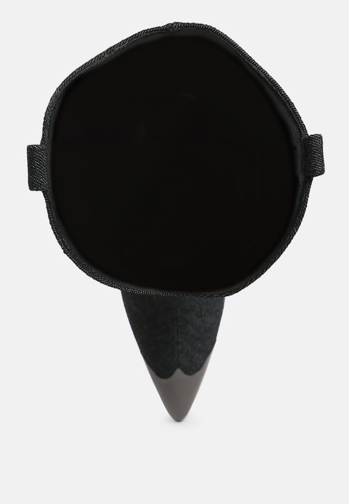 women metallic cap toe denim boots#color_black