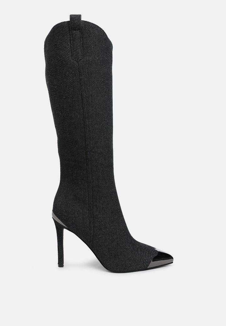 women metallic cap toe denim boots#color_black