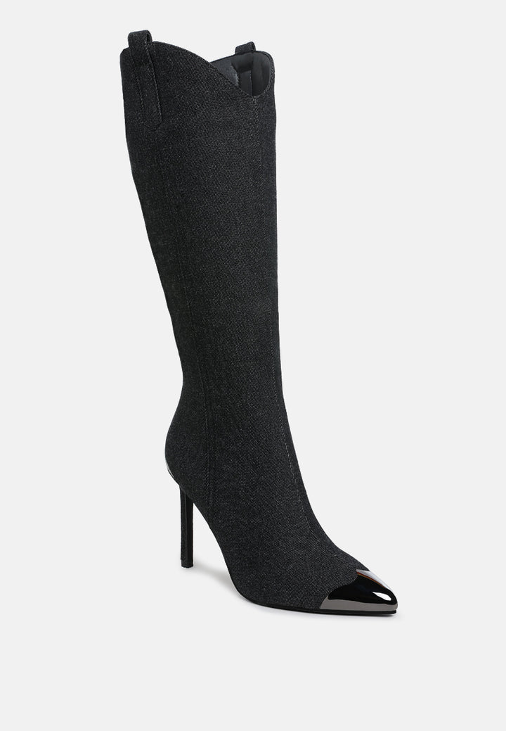 women metallic cap toe denim boots#color_black