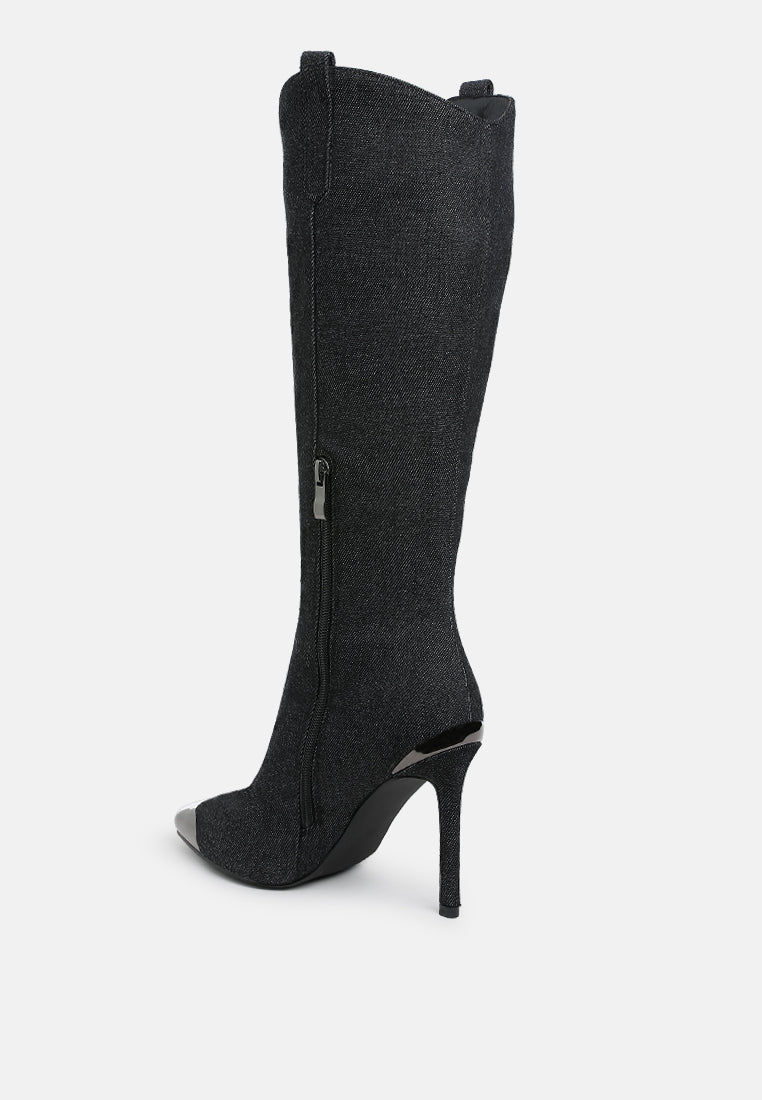 women metallic cap toe denim boots#color_black