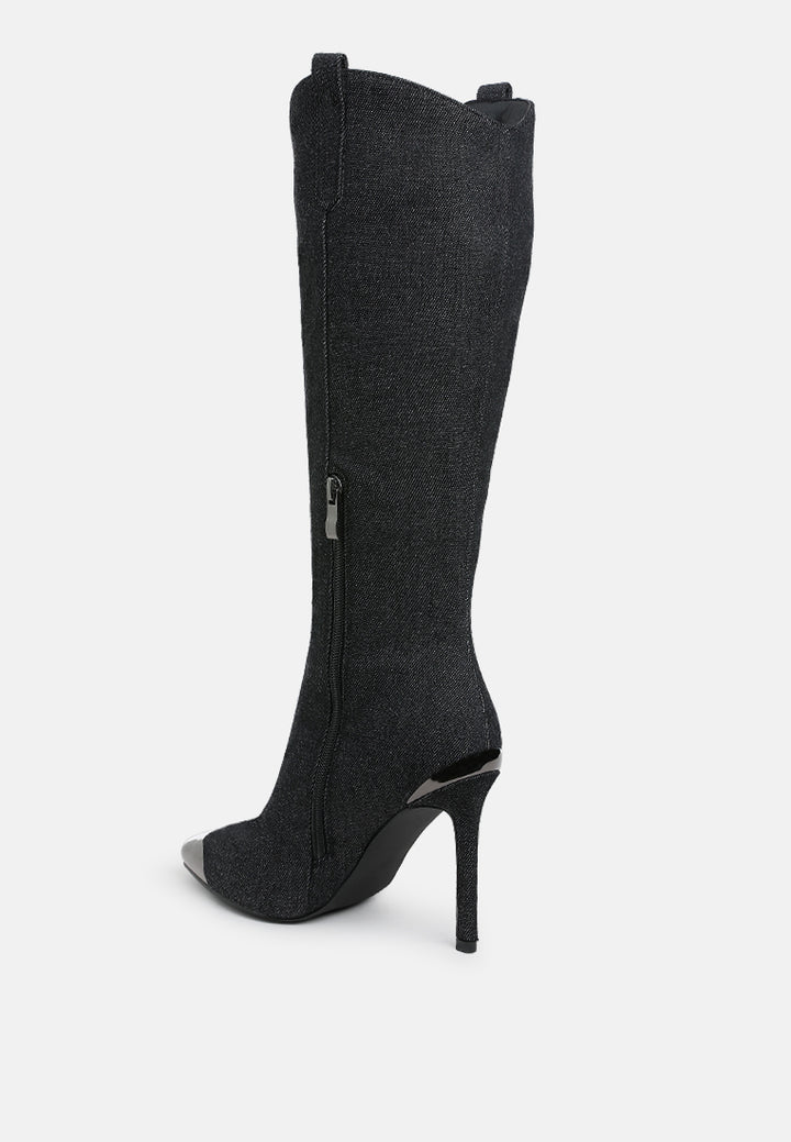 women metallic cap toe denim boots#color_black