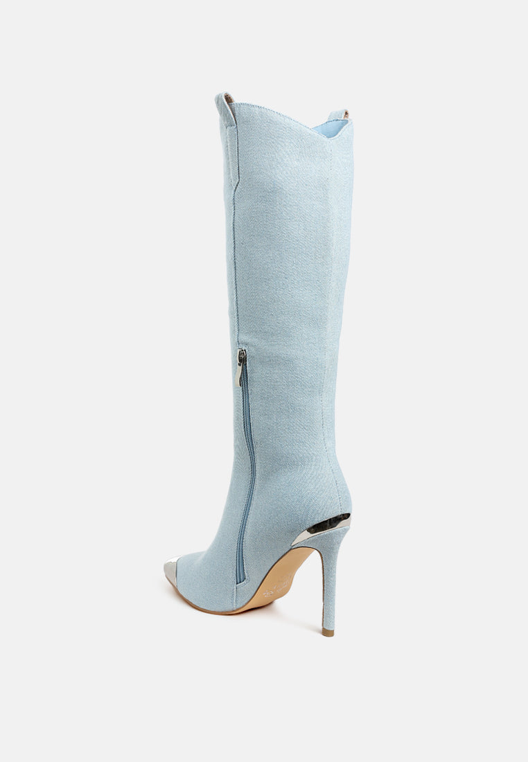 women metallic cap toe denim boots#color_blue
