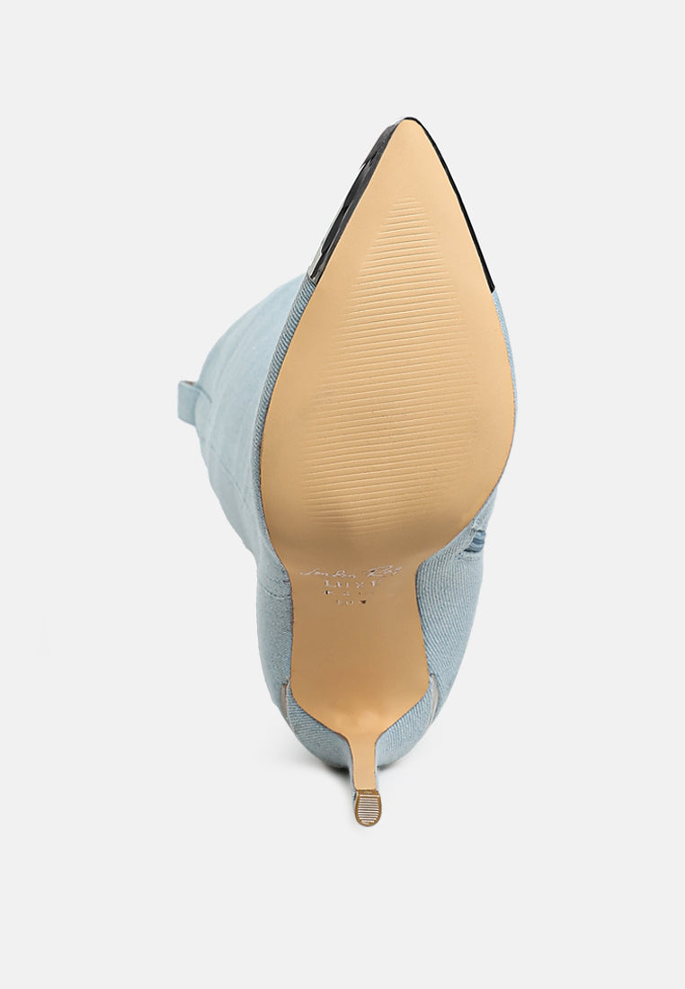 women metallic cap toe denim boots#color_blue