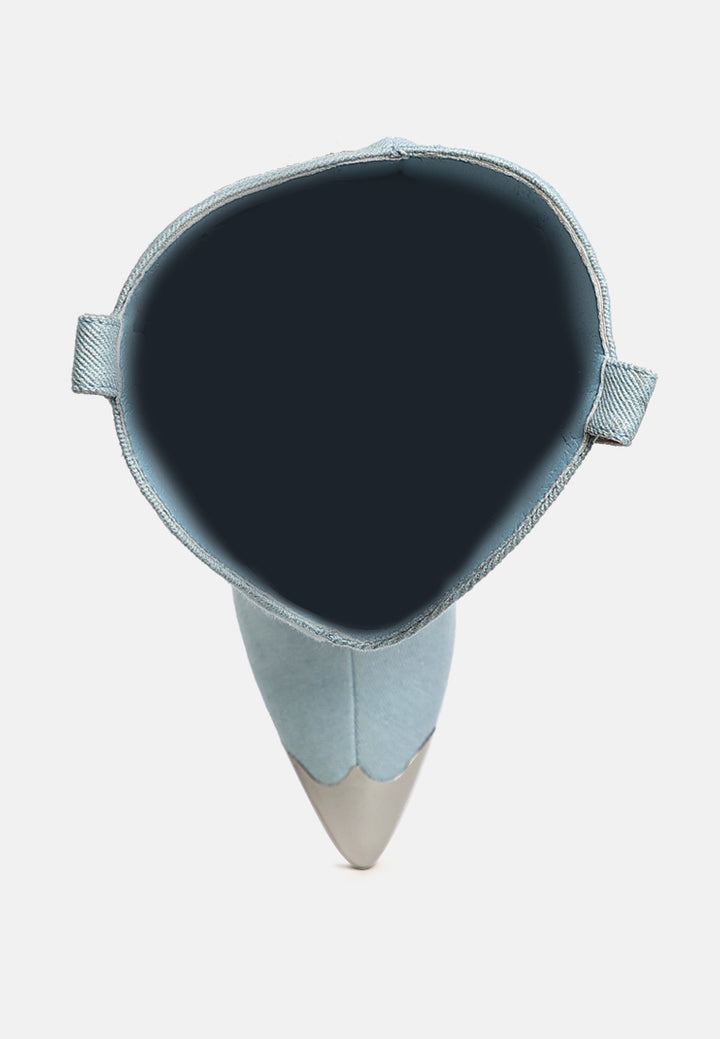 women metallic cap toe denim boots#color_blue