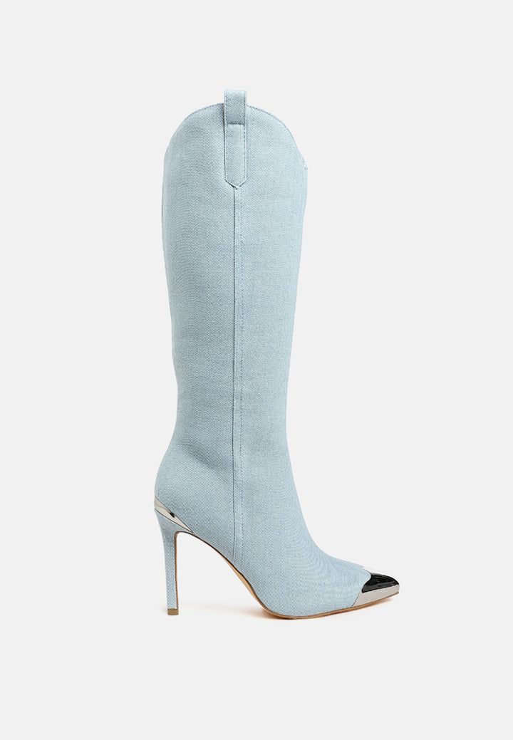 women metallic cap toe denim boots#color_blue
