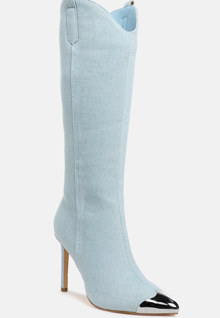 women metallic cap toe denim boots#color_blue