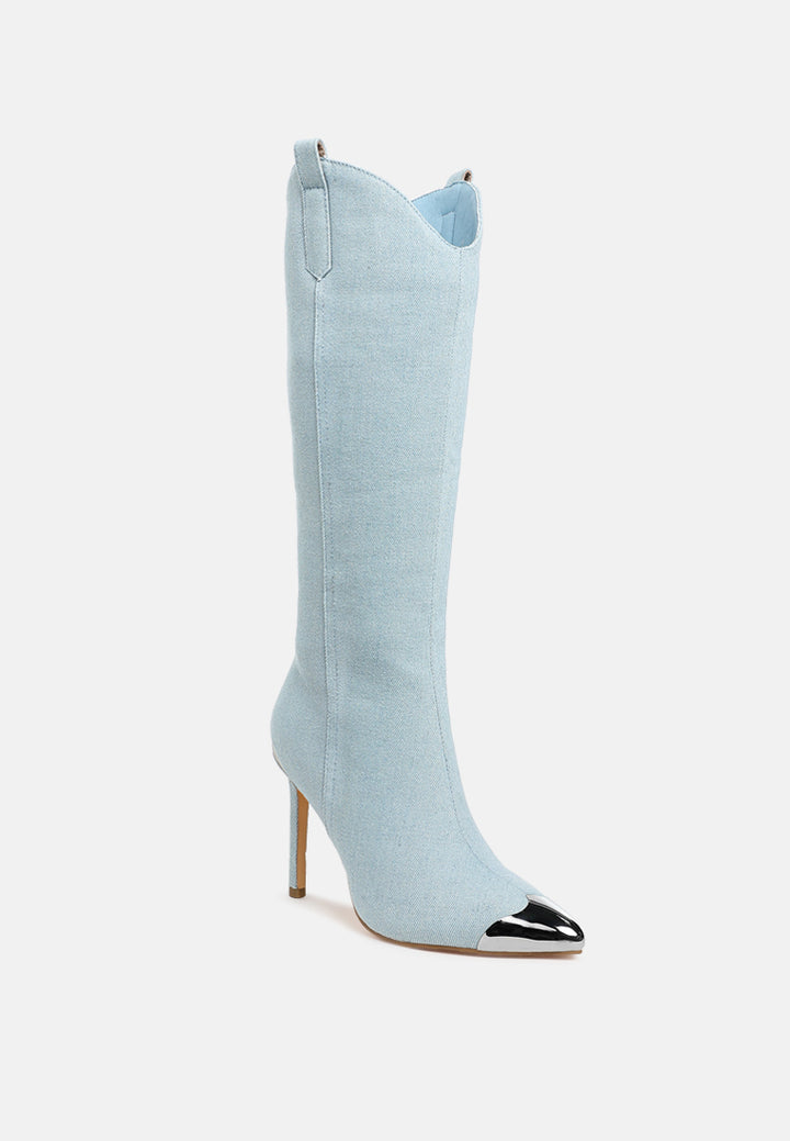 women metallic cap toe denim boots#color_blue