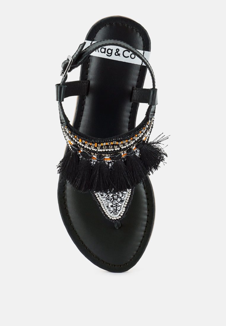 women genuine leather tassel sandals#color_black