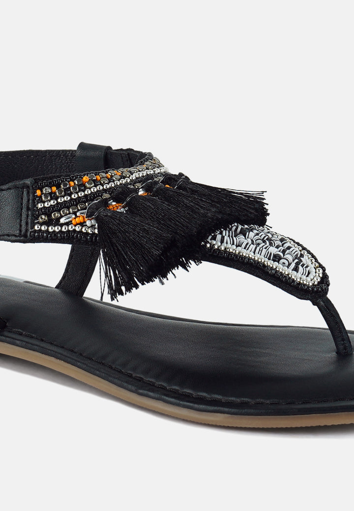 women genuine leather tassel sandals#color_black