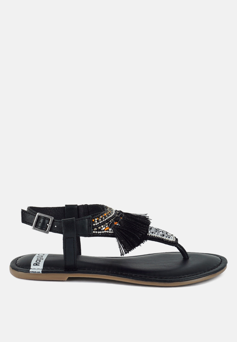 women genuine leather tassel sandals#color_black