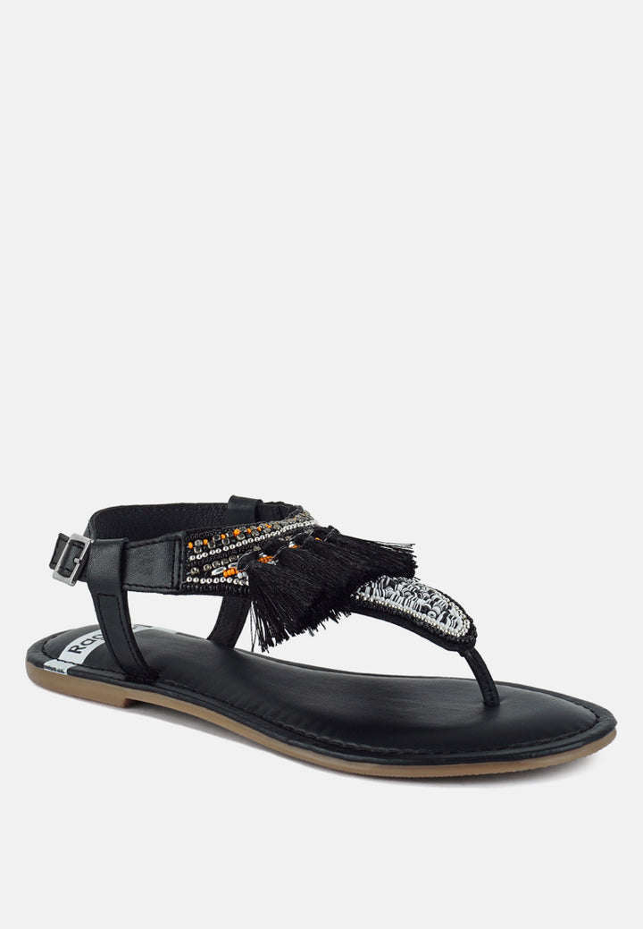 women genuine leather tassel sandals#color_black
