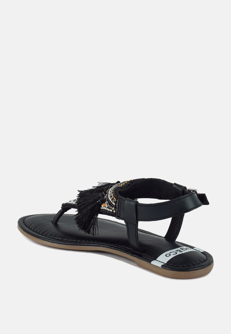 women genuine leather tassel sandals#color_black