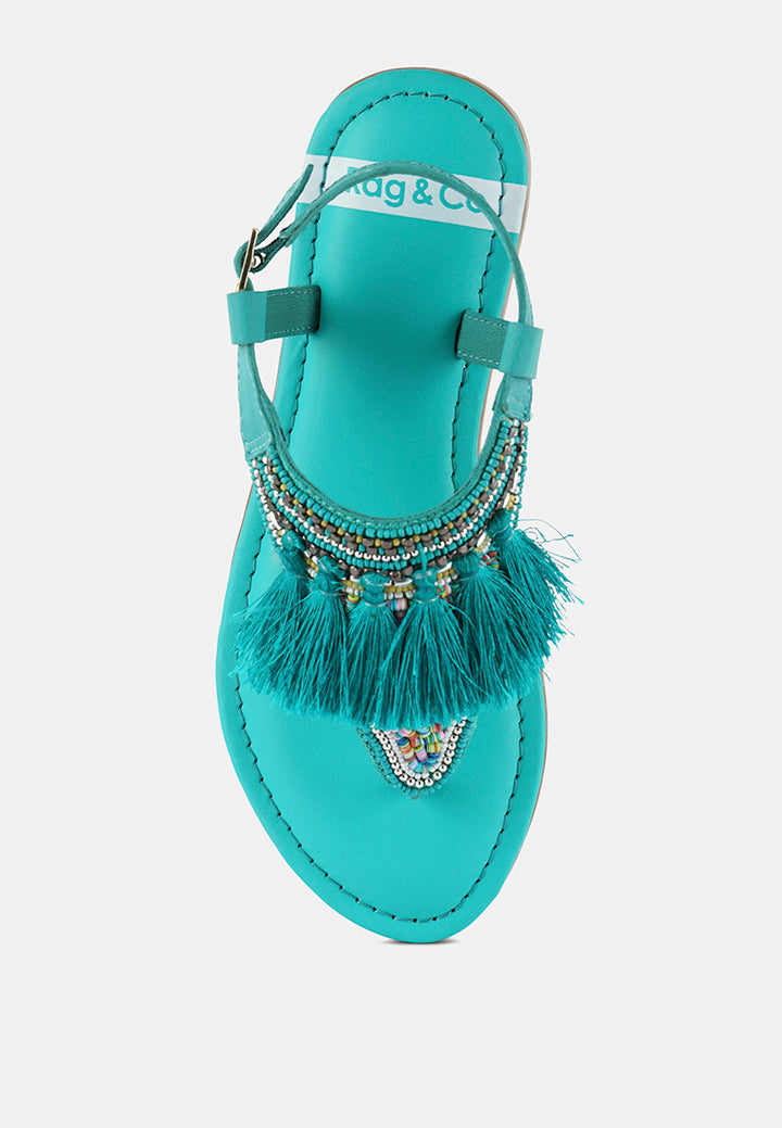 women genuine leather tassel sandals#color_aqua-blue