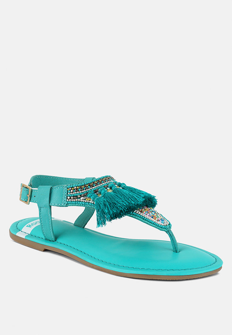 women genuine leather tassel sandals#color_aqua-blue