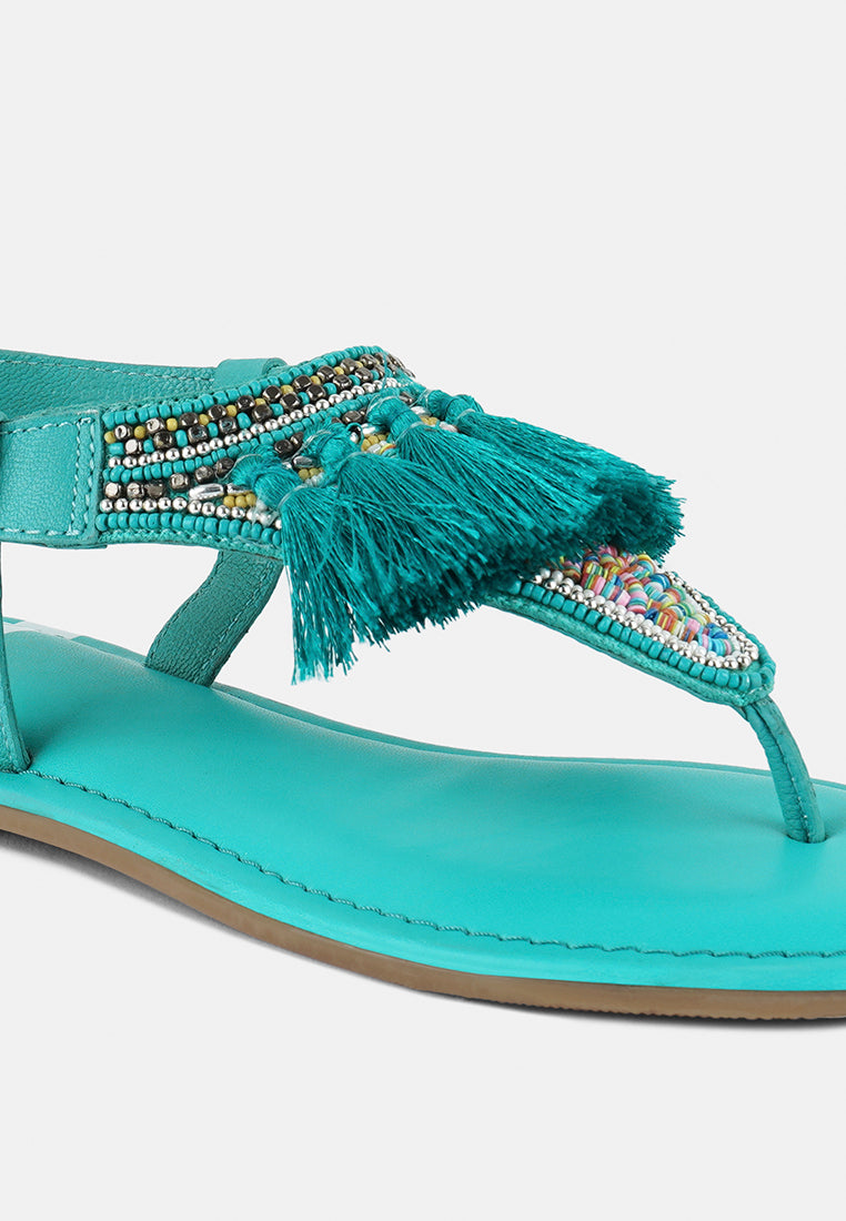 women genuine leather tassel sandals#color_aqua-blue