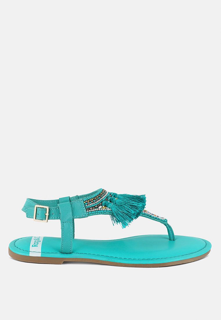 women genuine leather tassel sandals#color_aqua-blue
