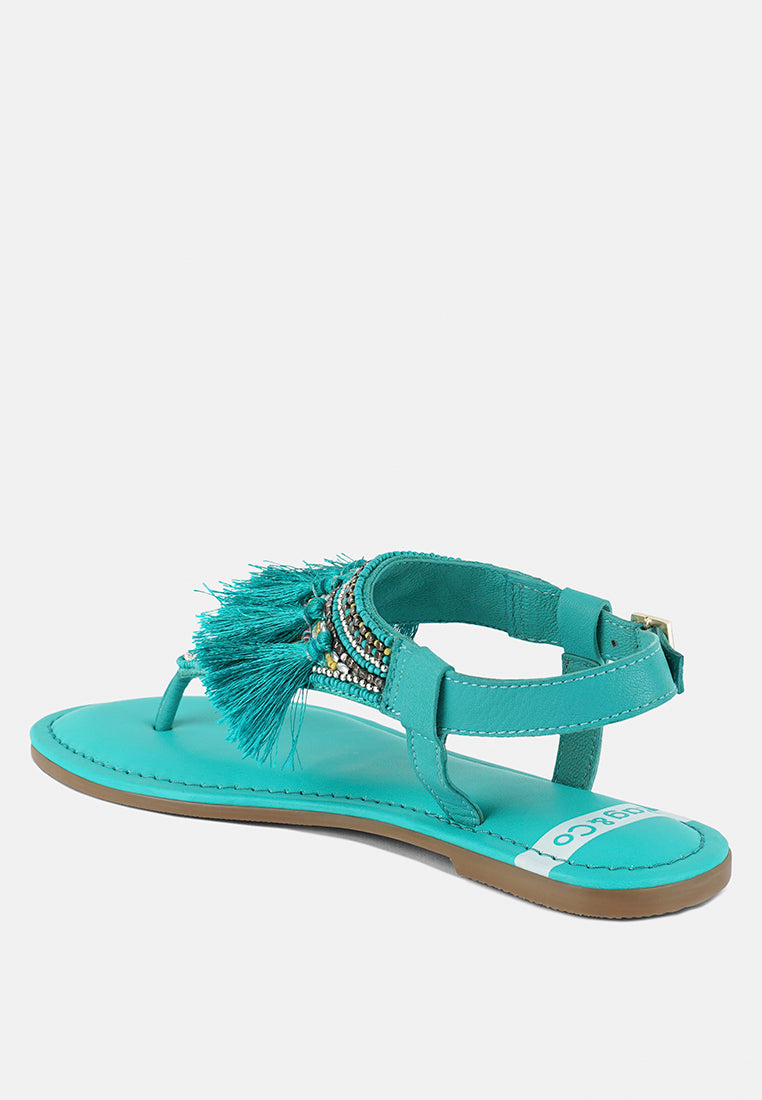 women genuine leather tassel sandals#color_aqua-blue