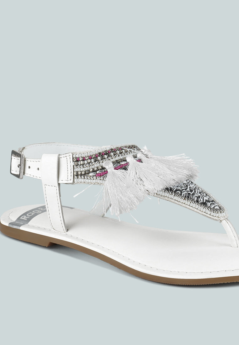 women genuine leather tassel sandals#color_white