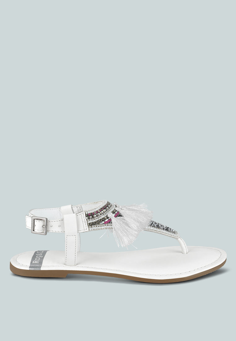 women genuine leather tassel sandals#color_white