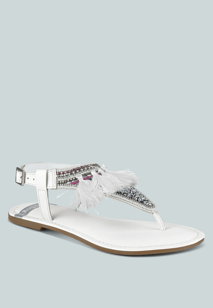 women genuine leather tassel sandals#color_white