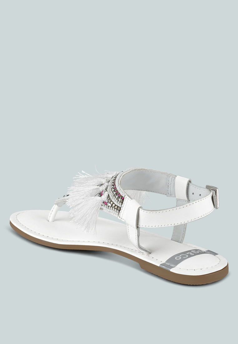 women genuine leather tassel sandals#color_white