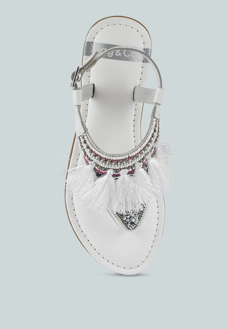 women genuine leather tassel sandals#color_white