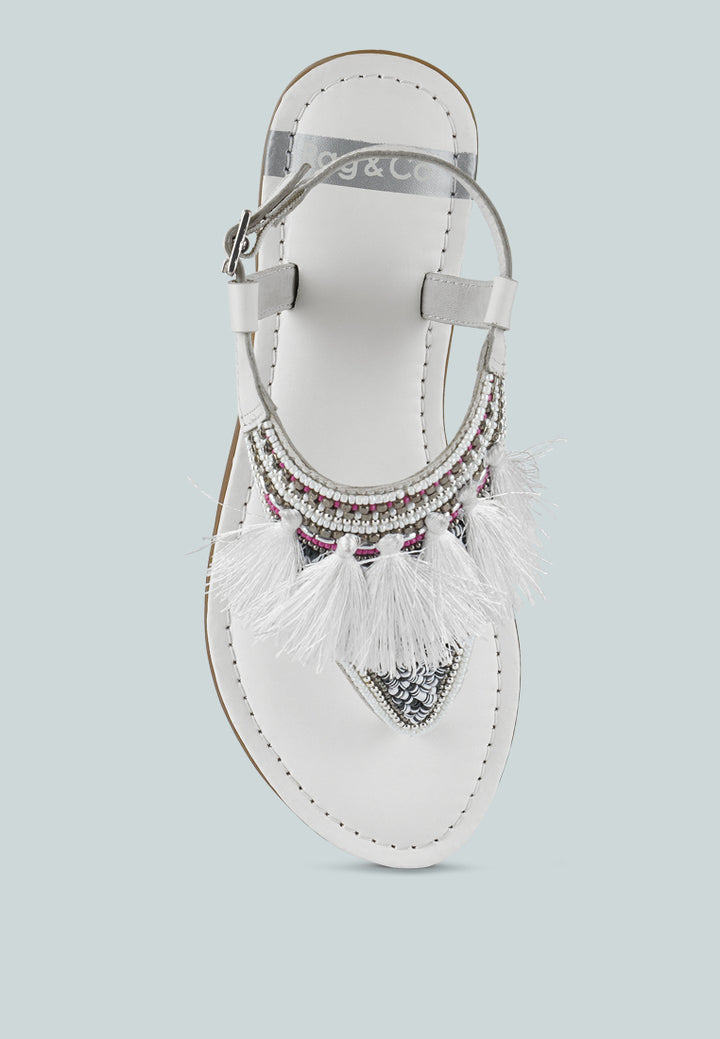 women genuine leather tassel sandals#color_white