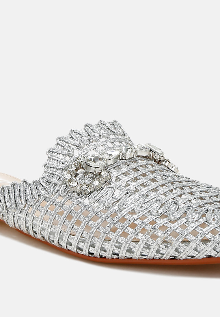 women metallic woven diamante mules#color_silver