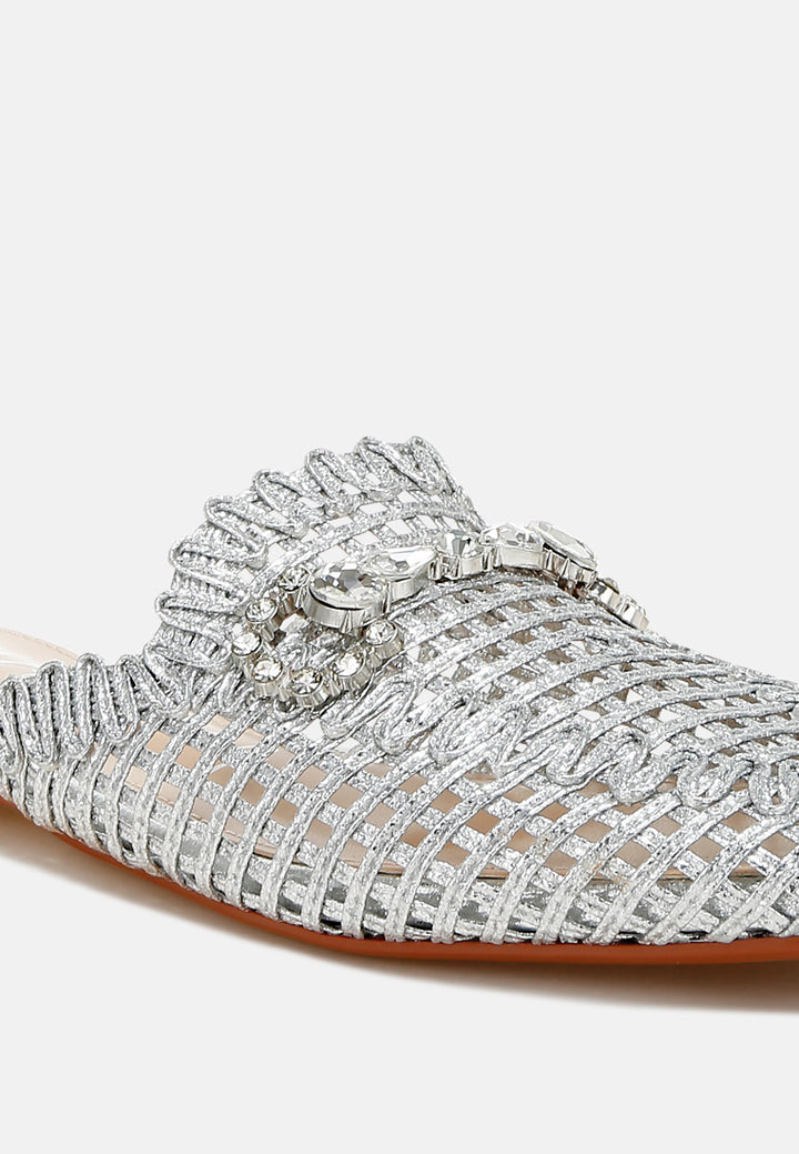 women metallic woven diamante mules#color_silver