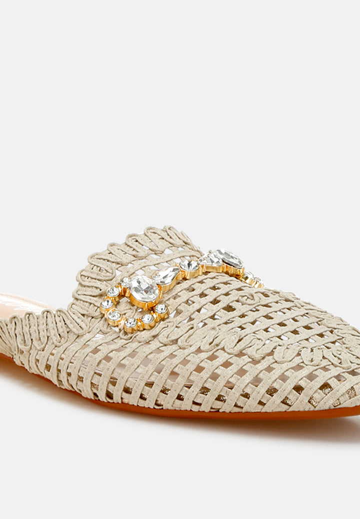 women metallic woven diamante mules#color_beige