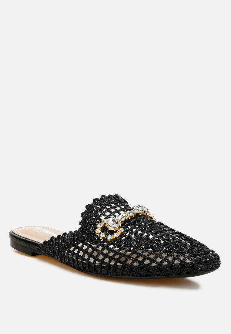 women metallic woven diamante mules#color_black