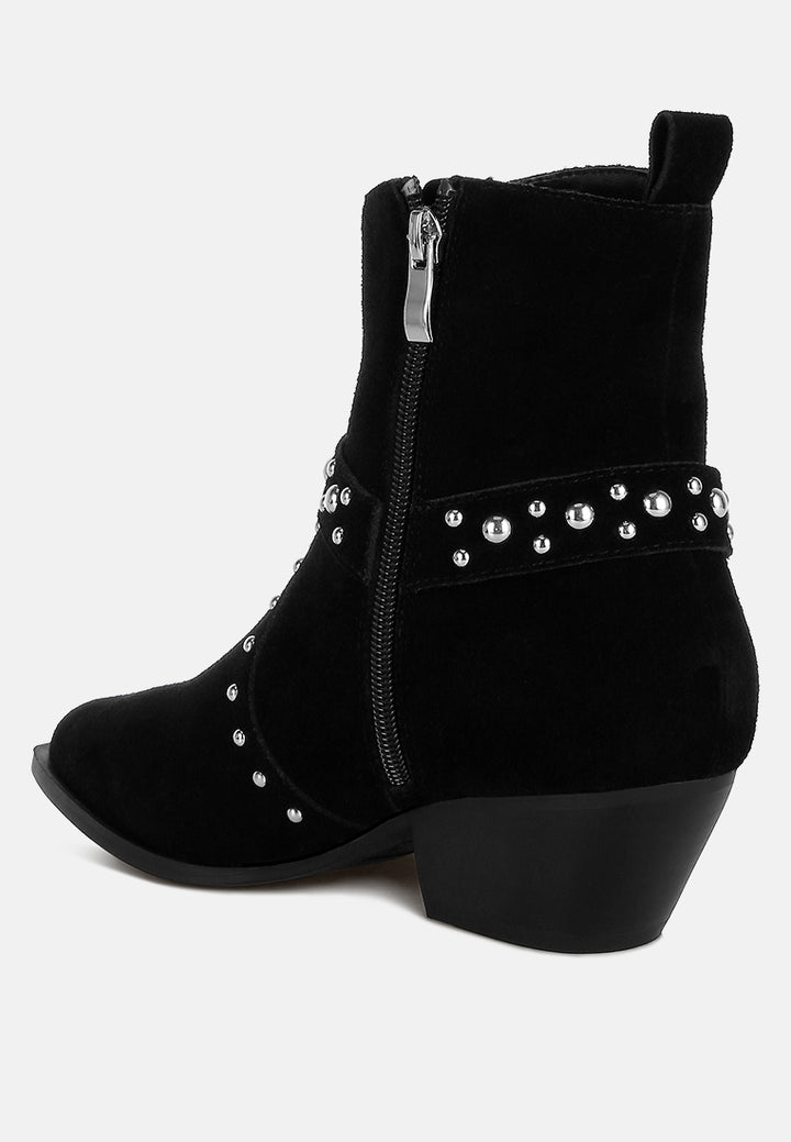rag & co women studded real suede leather ankle boots#color_black