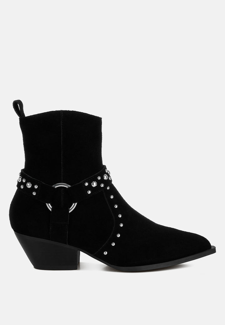 rag & co women studded real suede leather ankle boots#color_black