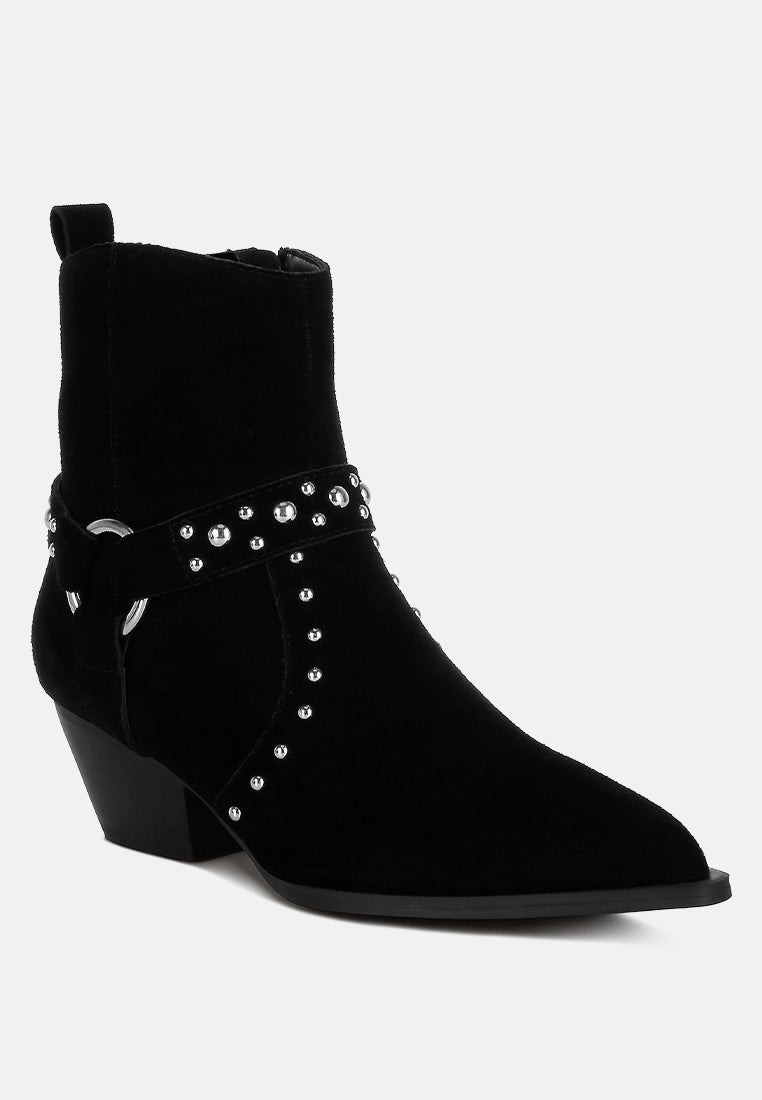 rag & co women studded real suede leather ankle boots#color_black
