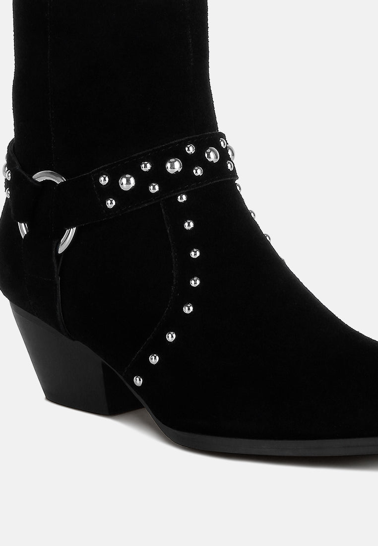 rag & co women studded real suede leather ankle boots#color_black