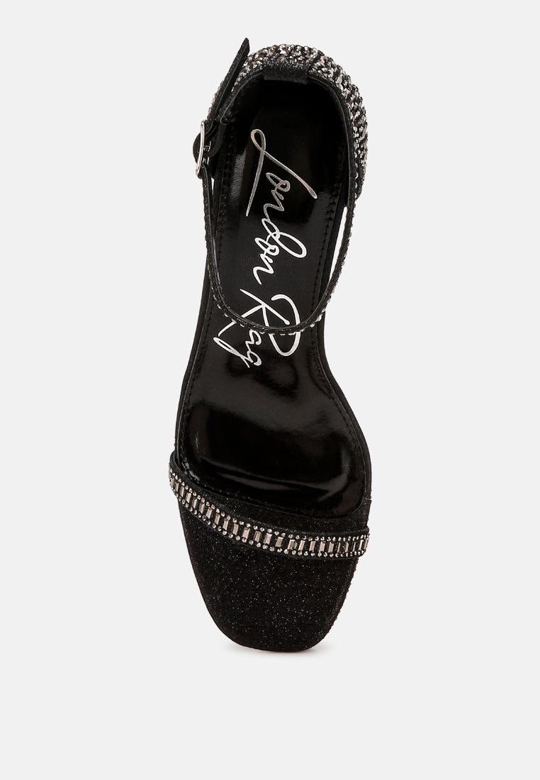 women rhinestones embellished block heel sandals#color_black