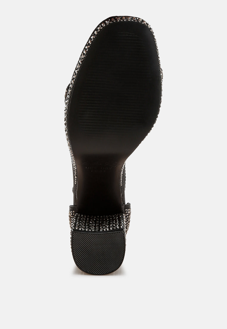 women rhinestones embellished block heel sandals#color_black