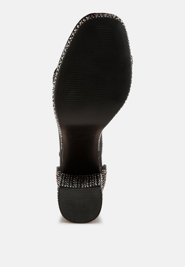 women rhinestones embellished block heel sandals#color_black