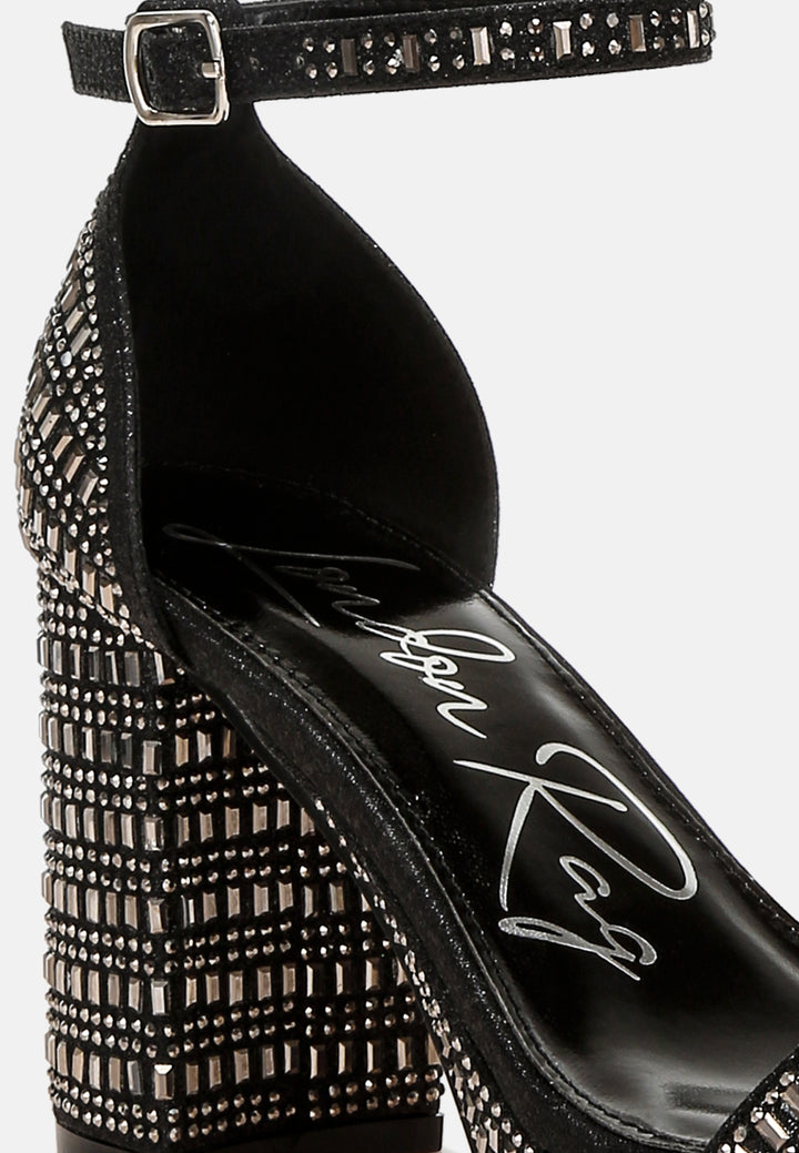 women rhinestones embellished block heel sandals#color_black