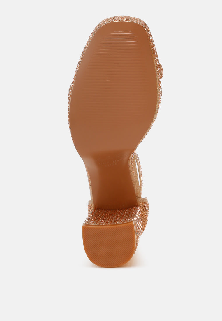 women rhinestones embellished block heel sandals#color_rose-gold