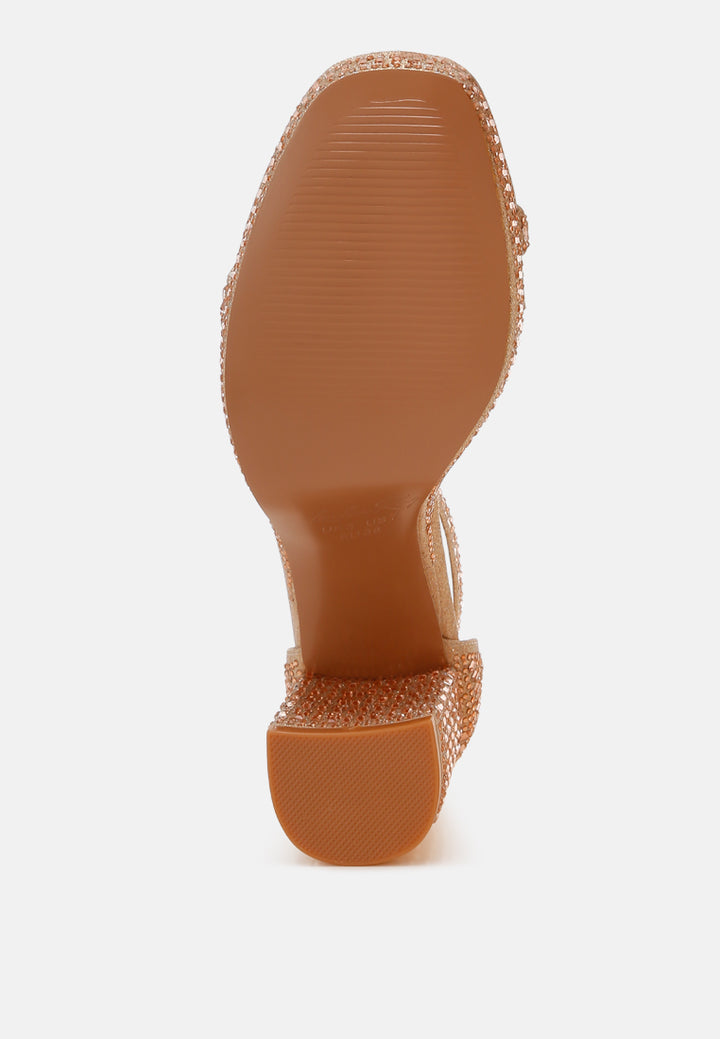 women rhinestones embellished block heel sandals#color_rose-gold