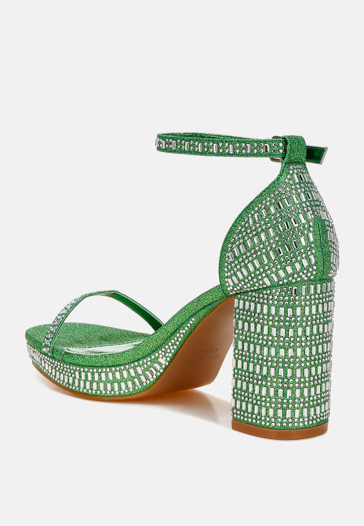 women rhinestones embellished block heel sandals#color_green
