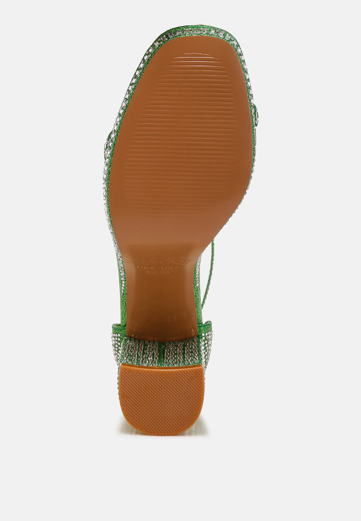 women rhinestones embellished block heel sandals#color_green