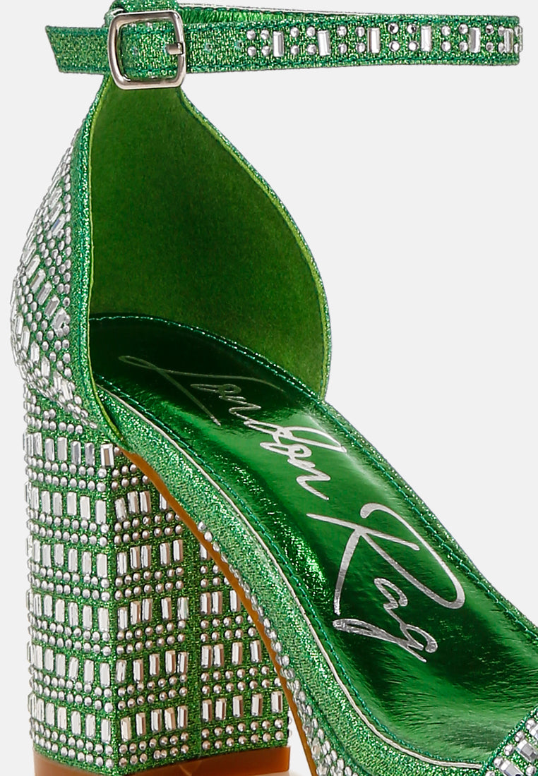 women rhinestones embellished block heel sandals#color_green